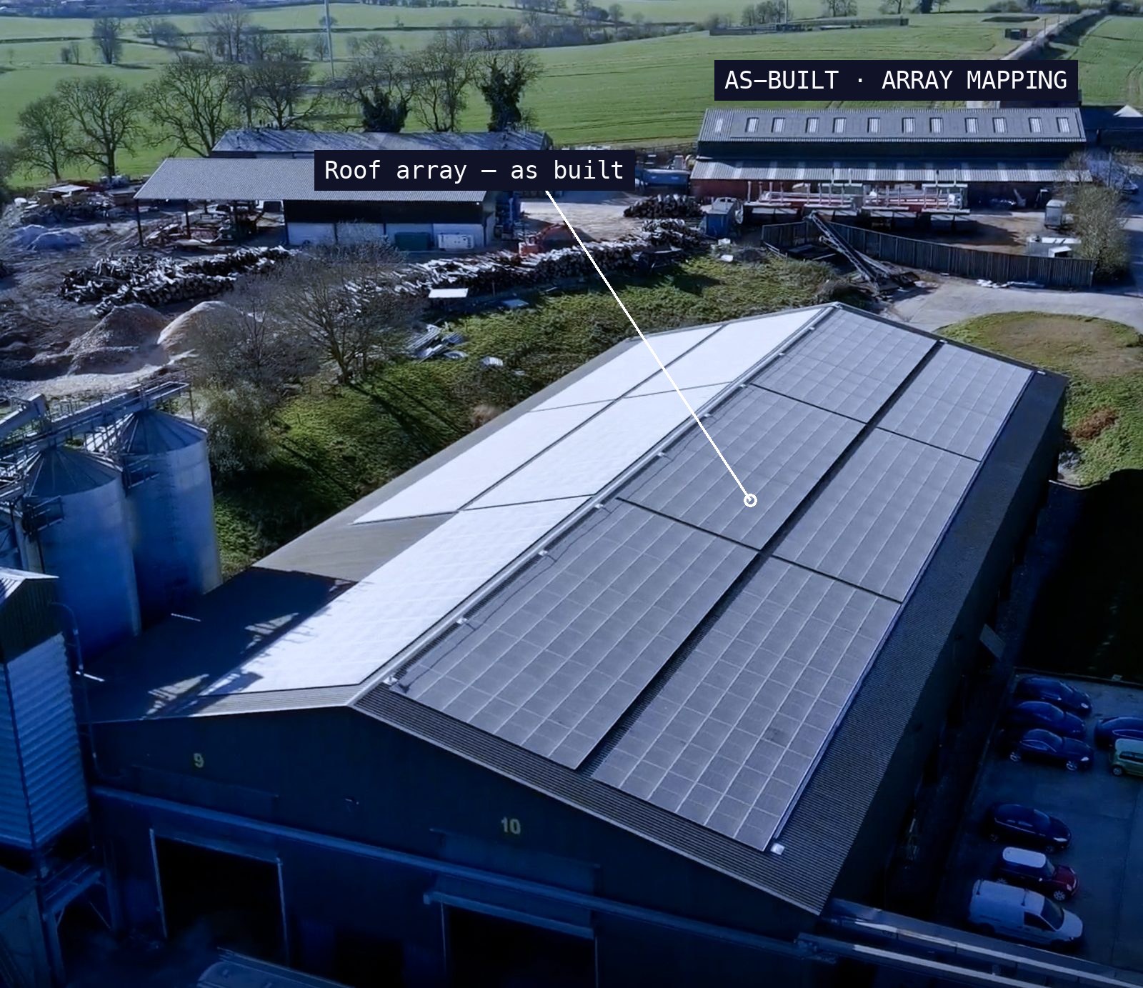 As-built array mapping annotated over a drone photo of a completed Novalux rooftop solar installation