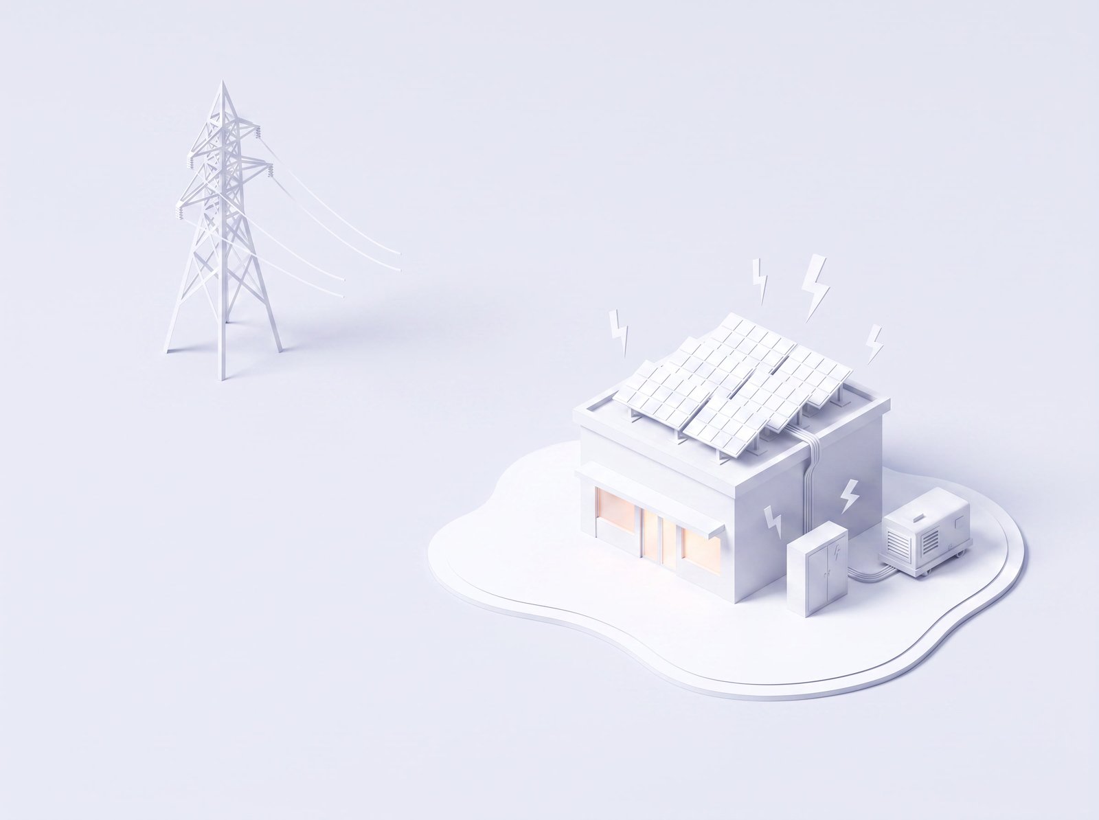 Paper-craft illustration of a building with solar and battery running as an island, disconnected from the grid pylon