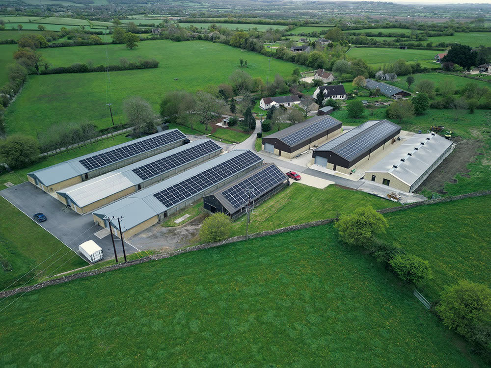 Drone view of solar arrays across the poultry sheds at Moonrakers Farm, Wiltshire