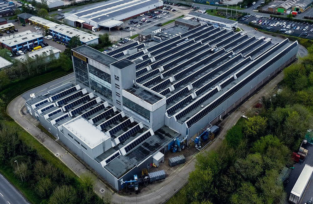 Drone view of the 1.25MWp rooftop solar array at the Twinings factory