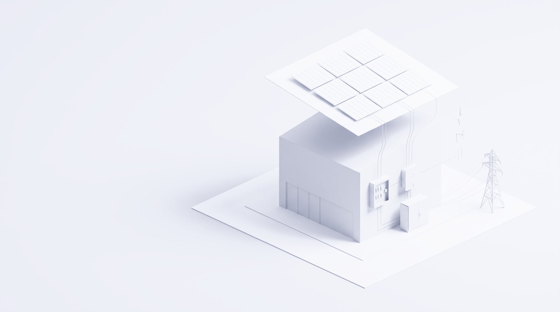 Paper-craft illustration of a solar system design: exploded roof array, cable runs, inverter, battery and grid connection